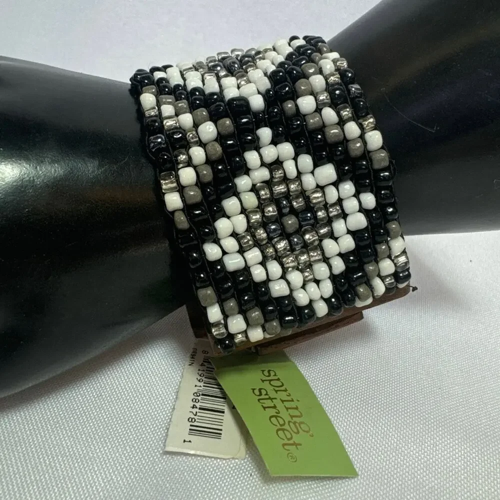Nwt Spring Street Cuff Beaded Bracelet, Wood Clasp, Wide Cuff - Boho - Bohemian